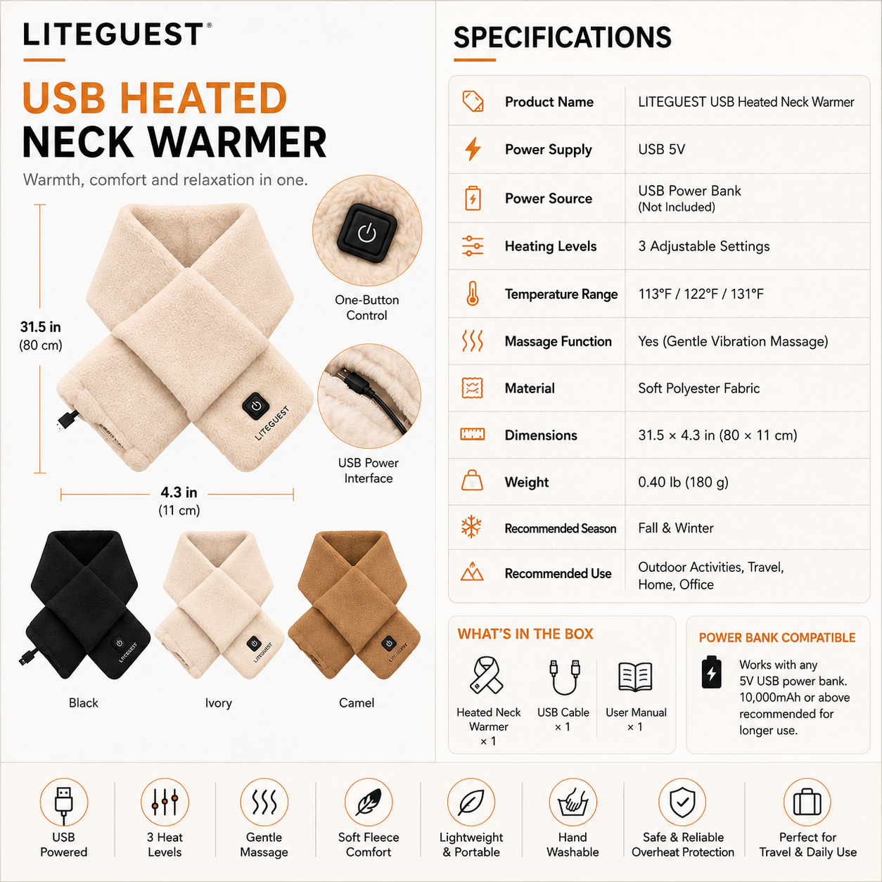 LITEGUEST USB Heated Neck Warmer for Hiking, Skiing & Winter Travel