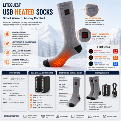 LITEGUEST USB Heated Mid-Calf Socks | Foot Sole Heating
