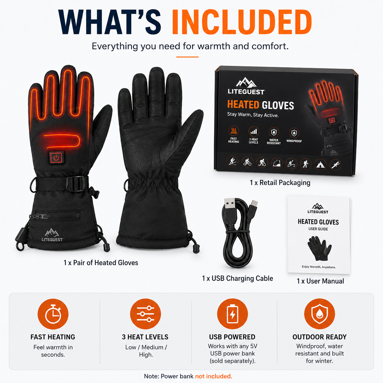 LITEGUEST USB Heated Gloves | Rechargeable Winter Heated Gloves