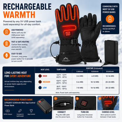 LITEGUEST USB Heated Gloves | Rechargeable Winter Heated Gloves