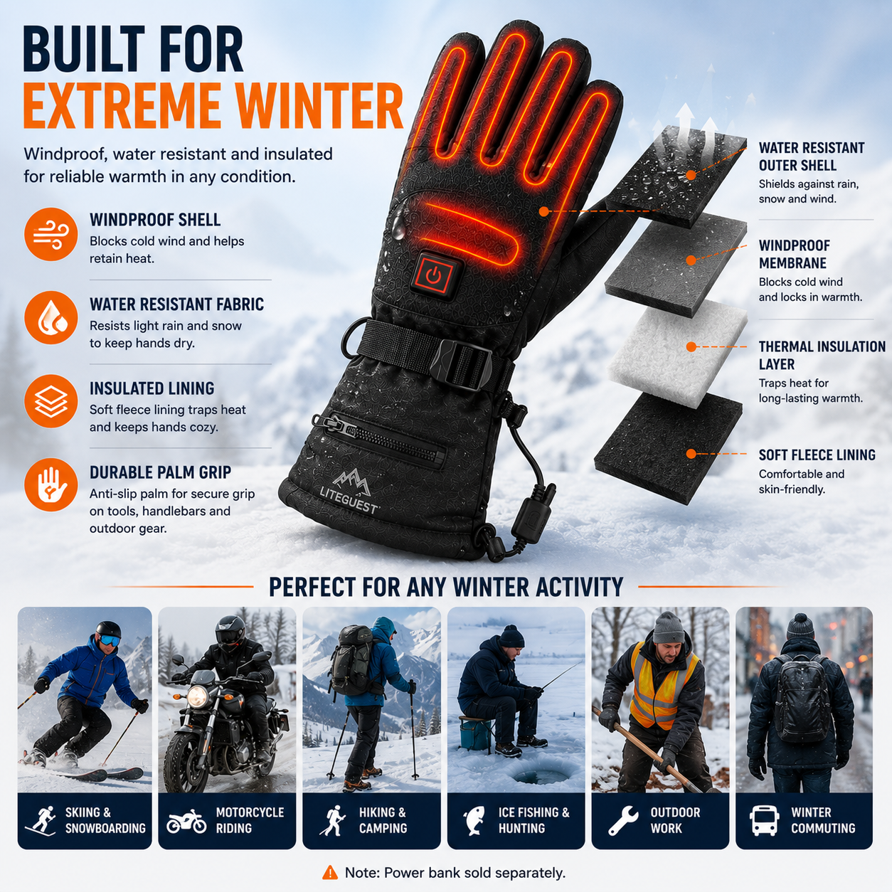 LITEGUEST USB Heated Gloves | Rechargeable Winter Heated Gloves