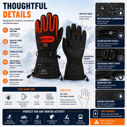 LITEGUEST USB Heated Gloves | Rechargeable Winter Heated Gloves