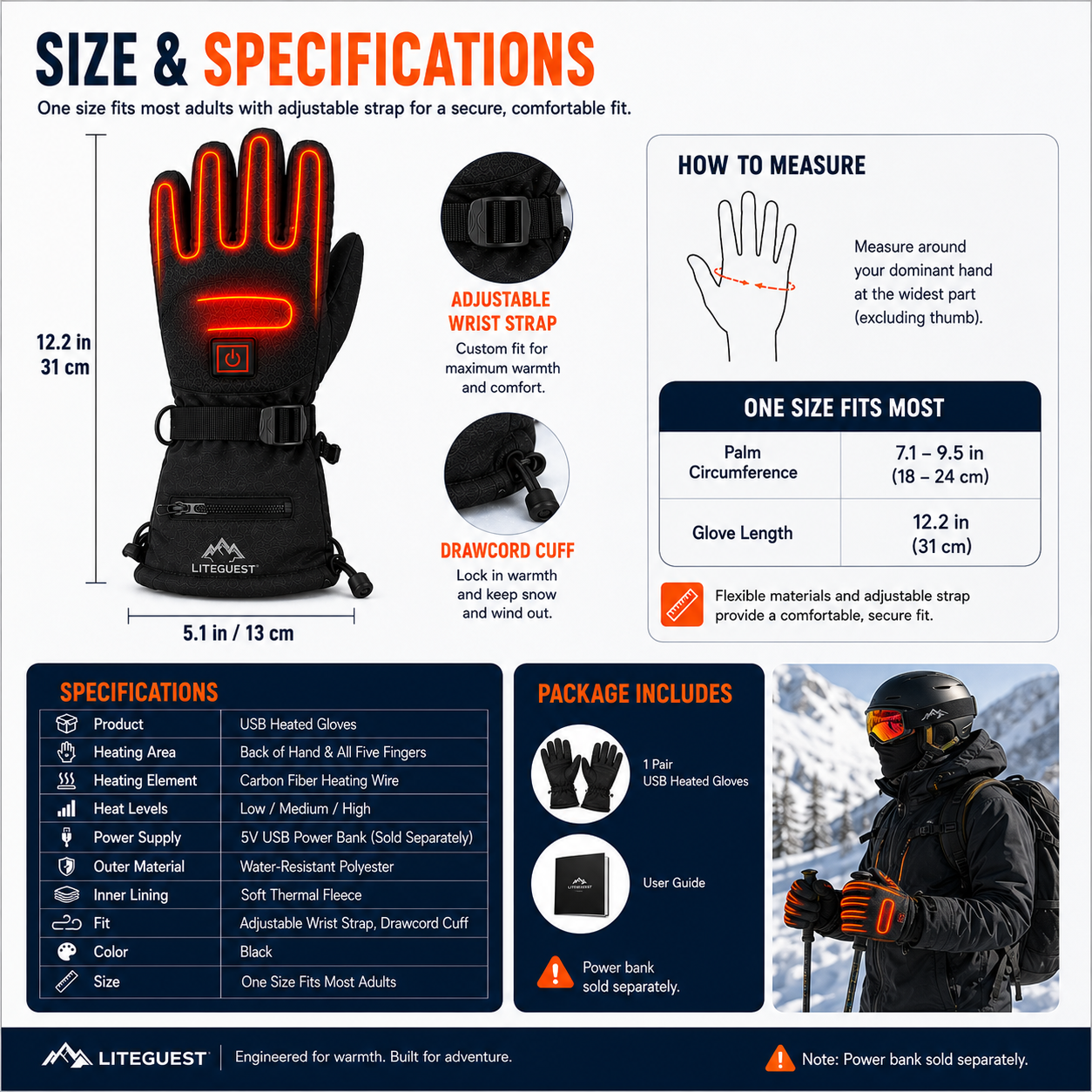 LITEGUEST USB Heated Gloves | Rechargeable Winter Heated Gloves