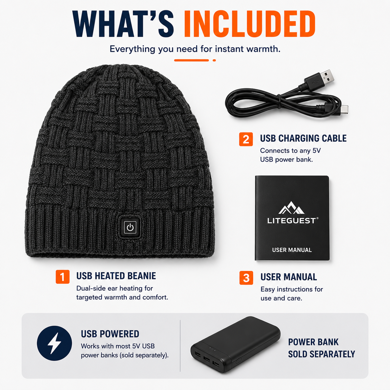 LITEGUEST USB Heated Beanie | Heated Winter Hat for Ear Warmth