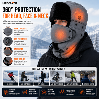 LITEGUEST Heated Trapper Hat | Heated Winter Hat with Face Cover