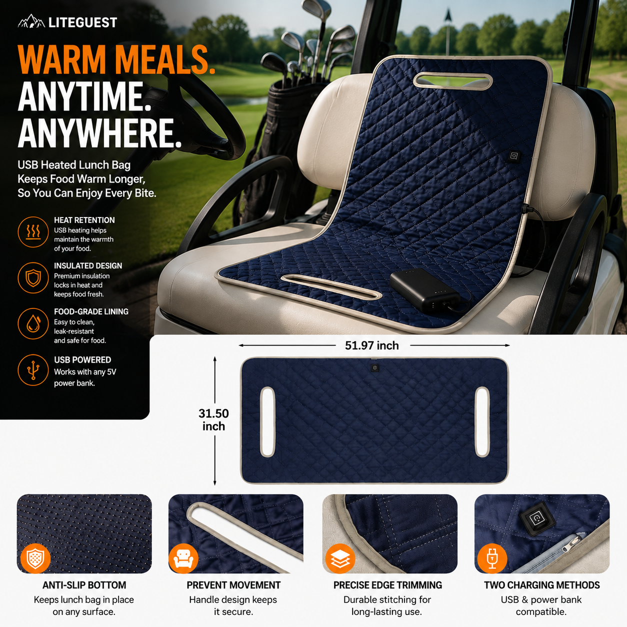 LITEGUEST Heated Golf Cart Seat Cushion | USB Heated Golf Seat Pad