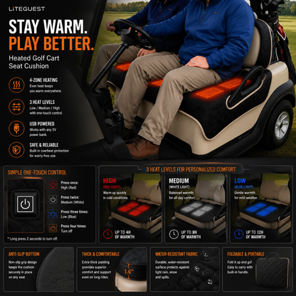 LITEGUEST Heated Golf Cart Seat Cushion | USB Heated Golf Seat Pad