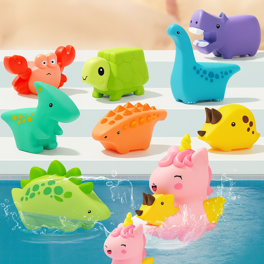 Juguetes de baño con chorritos de dinosaurio | Juguetes de agua blandos para apretar para niños pequeños