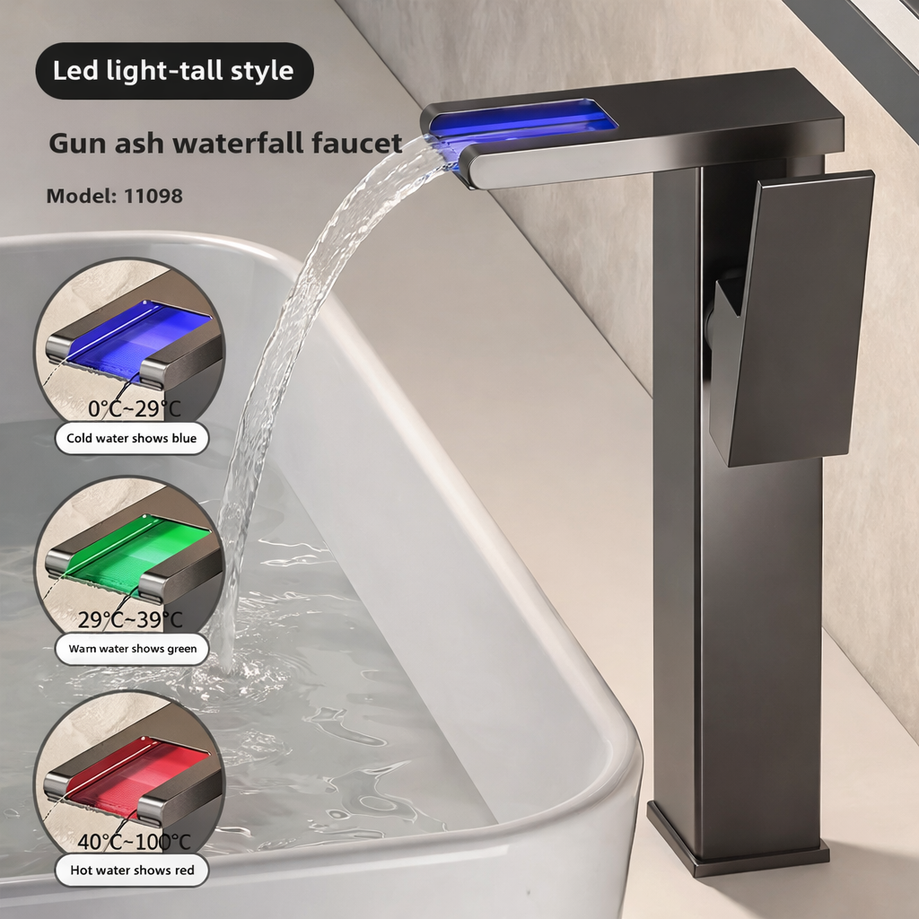 LED Bathroom Sink Faucet Hot Cold Tap Modern Brass Wash Basin Mixer Water Tap