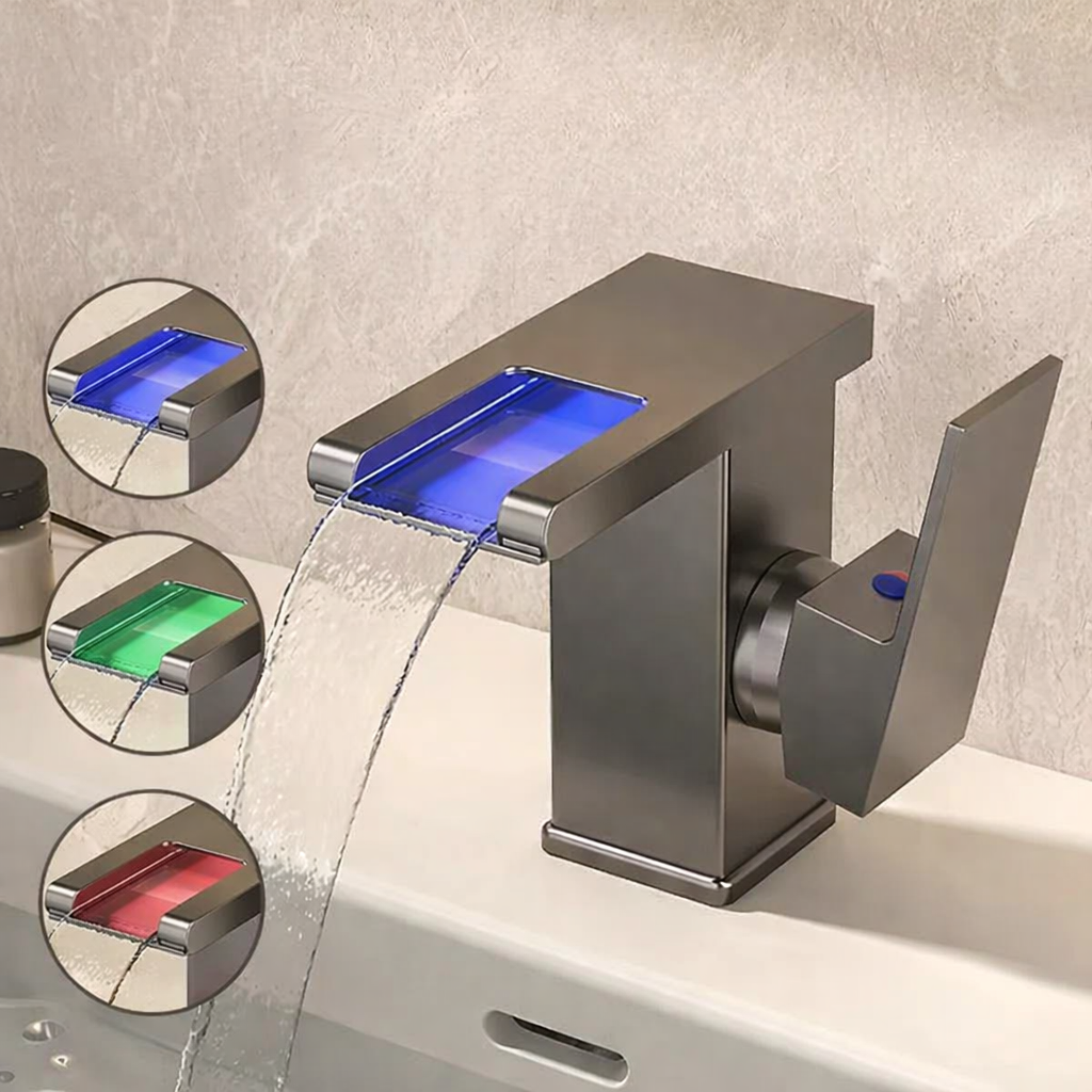 LED Bathroom Sink Faucet Hot Cold Tap Modern Brass Wash Basin Mixer Water Tap