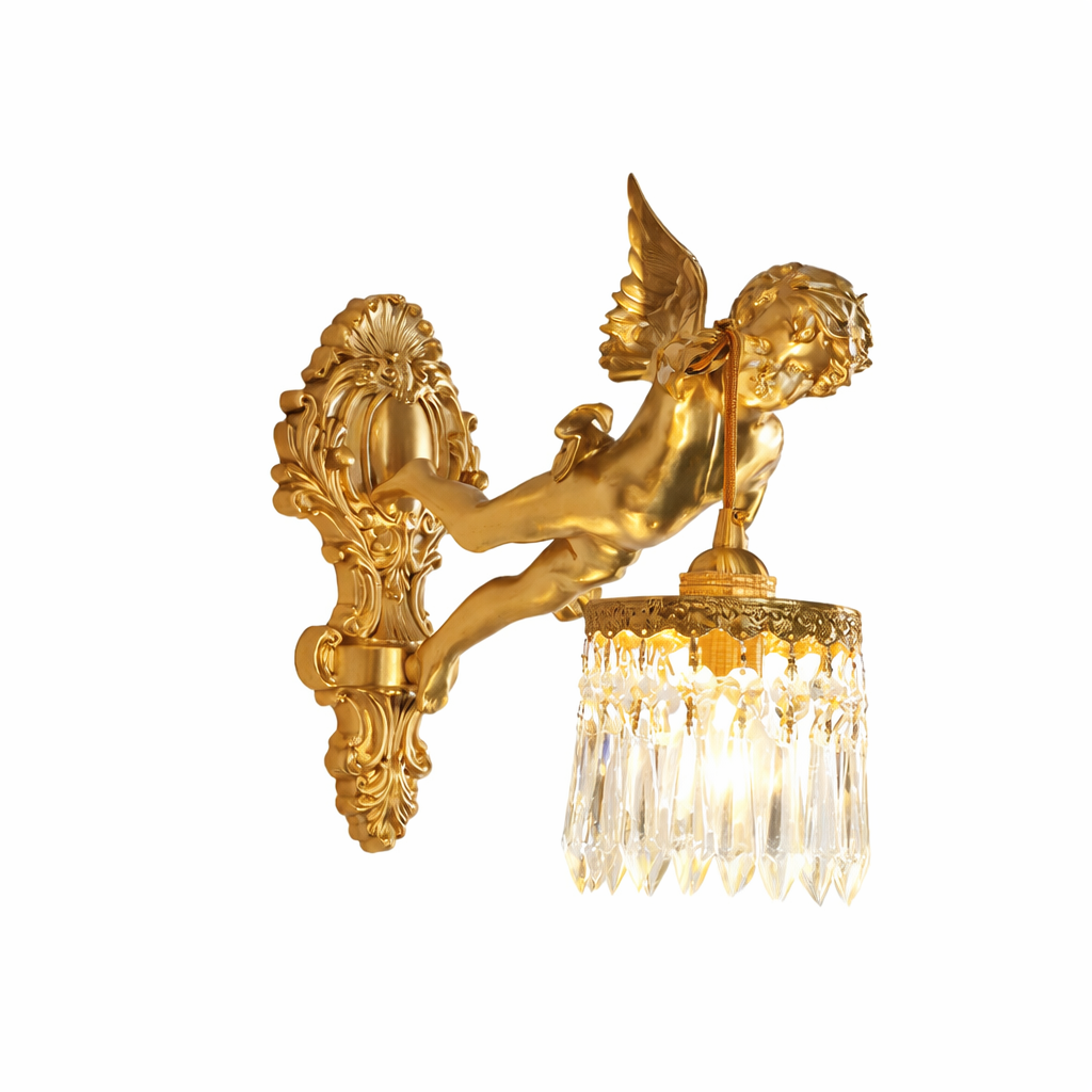 Brass Angel Wall Lamp Crystal Sconce Light Bedside Balcony Corridor Porch Decor