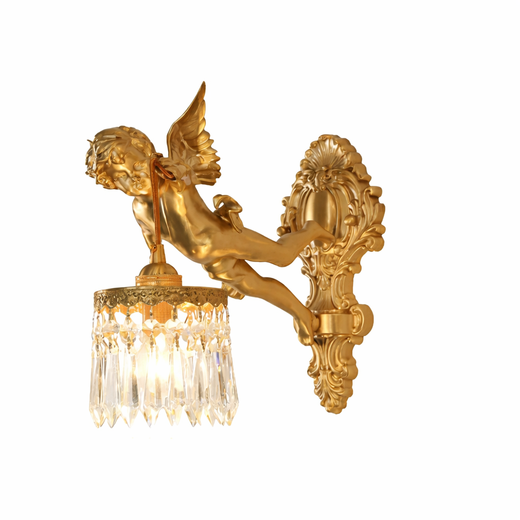 Brass Angel Wall Lamp Crystal Sconce Light Bedside Balcony Corridor Porch Decor