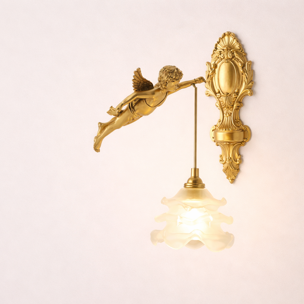 Brass Angel Wall Lamp Crystal Sconce Light Bedside Balcony Corridor Porch Decor
