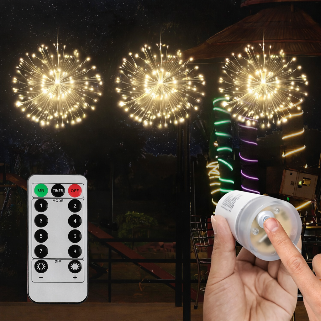 Guirlande Lumineuse LED Feux d'Artifice, Fil de Cuivre, Étoile, 8 Modes, Télécommande, Décoration Extérieure