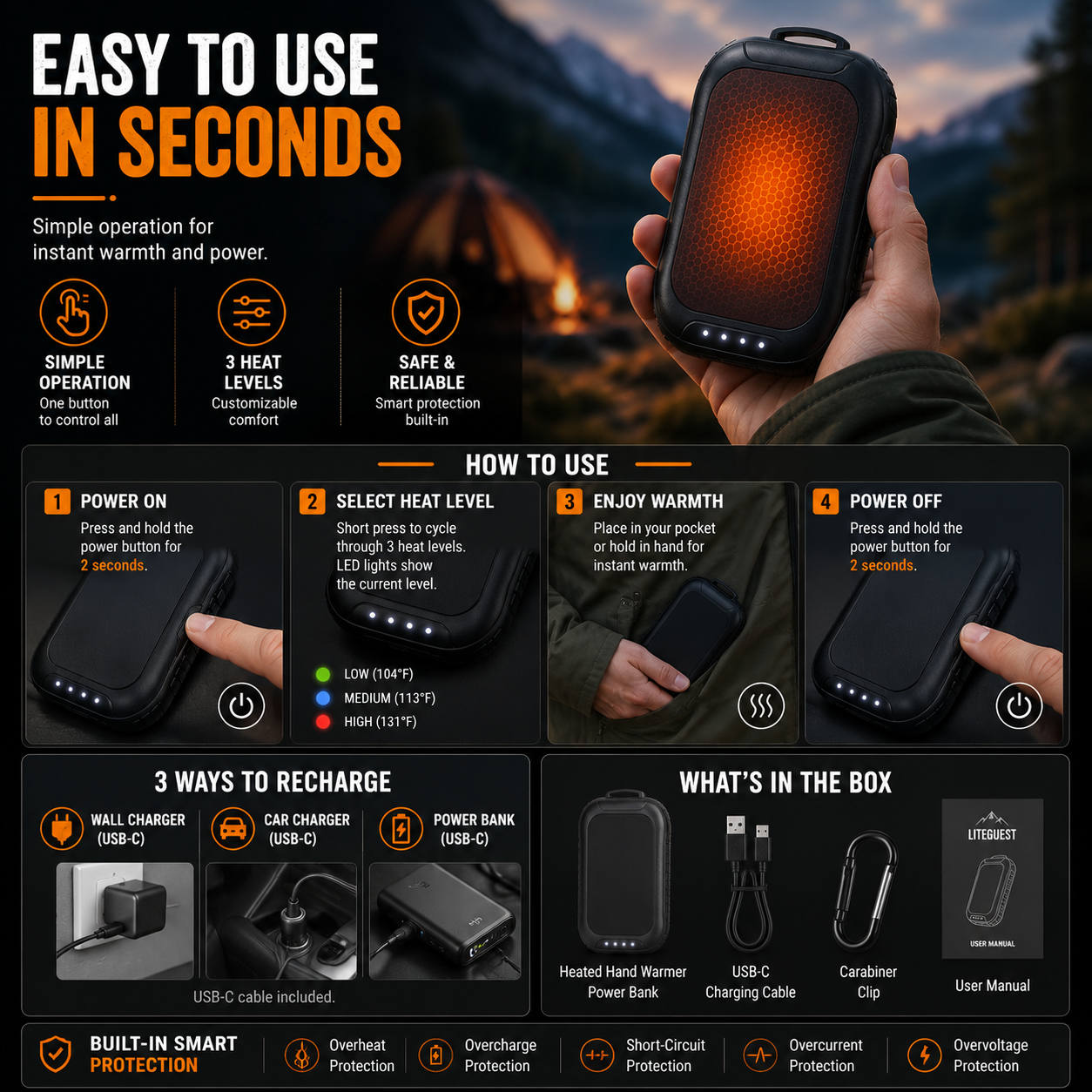 LITEGUEST 3-in-1 Heated Hand Warmer – Power Bank & LED Light