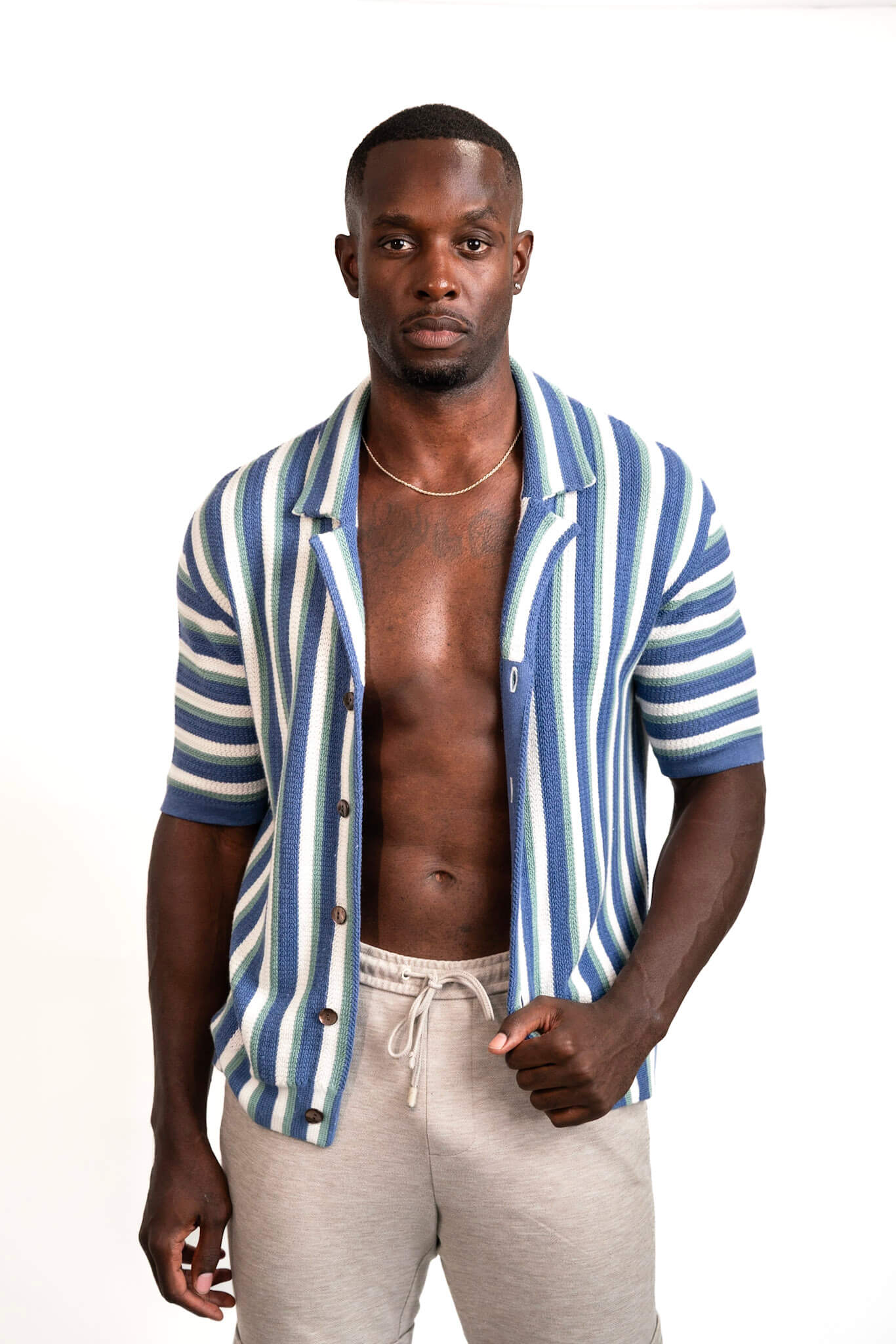 Men's Hand-Woven Button-Up Shirt — Midnight Blue, Sage & Cream
