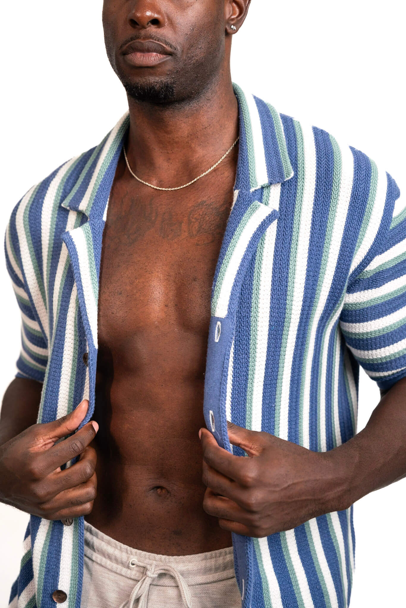 Men's Hand-Woven Button-Up Shirt — Midnight Blue, Sage & Cream