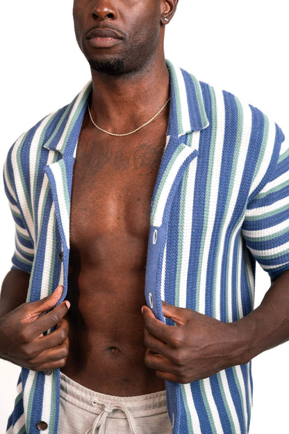 Men's Hand-Woven Button-Up Shirt — Midnight Blue, Sage & Cream