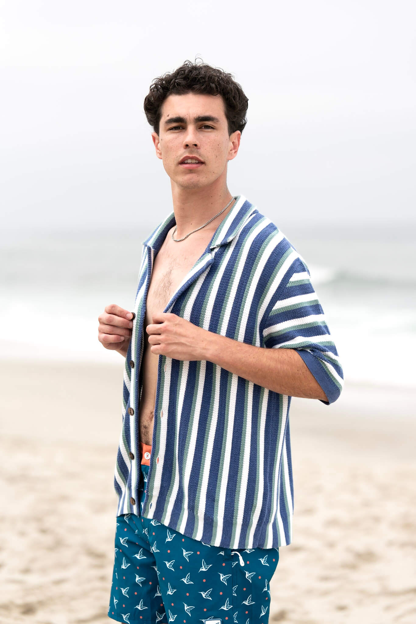 Men's Hand-Woven Button-Up Shirt — Midnight Blue, Sage & Cream