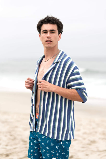 Men's Hand-Woven Button-Up Shirt — Midnight Blue, Sage & Cream