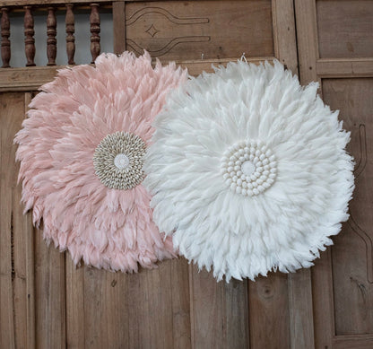 Feather Wall Hanging Juju Hat Decor with Shell or Mirror Center