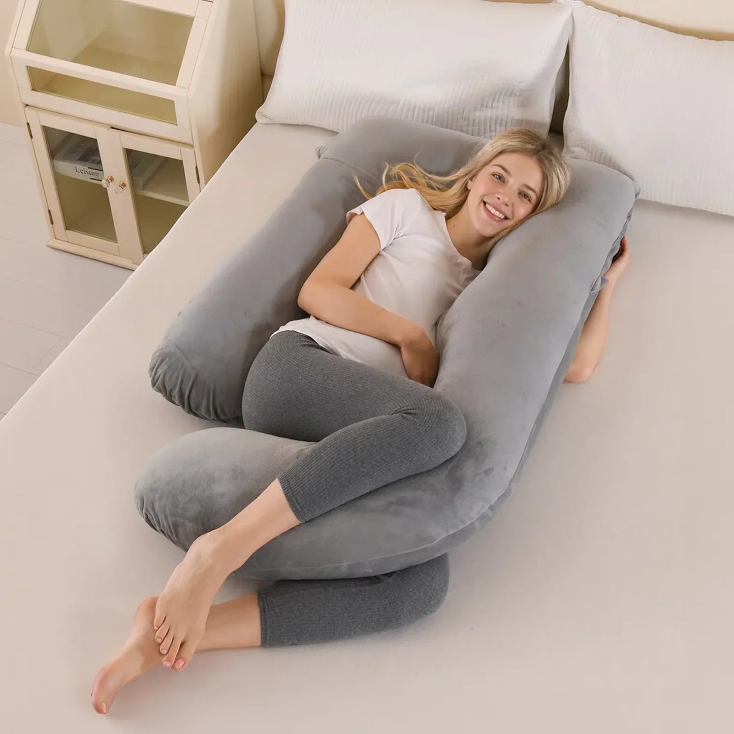 U-Shaped Full Body Pillow Side Sleeper Support Cushion 155cm Grey