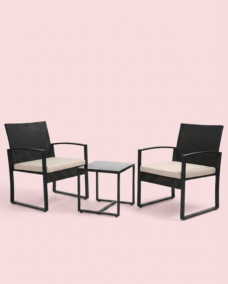 Ensemble de mobilier de jardin 3 pièces – Chaises en osier + table de bar avec coussins