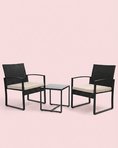 Ensemble de mobilier de jardin 3 pièces – Chaises en osier + table de bar avec coussins