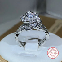 925 Sterling Silver Intertwined Rose Ring | White Zircon Cocktail Jewelry