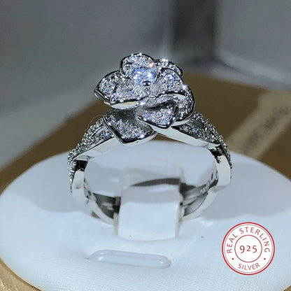 925 Sterling Silver Intertwined Rose Ring | White Zircon Cocktail Jewelry