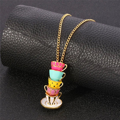Enamel Tea Cup Pendant Necklace | Trendy Long Chain Jewelry