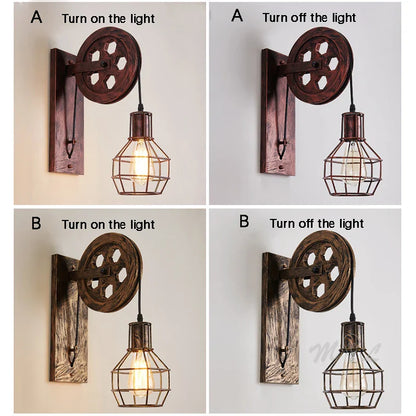 Vintage Industrial Pulley Wall Sconce LED Bedroom Mirror Retro Wall Light