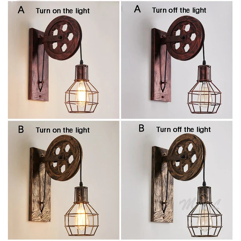 Vintage Industrial Pulley Wall Sconce LED Bedroom Mirror Retro Wall Light