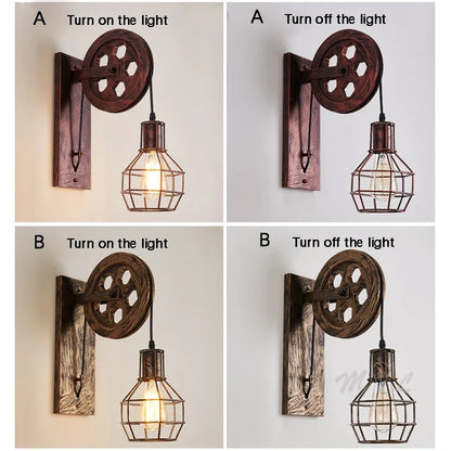 Vintage Industrial Pulley Wall Sconce LED Bedroom Mirror Retro Wall Light