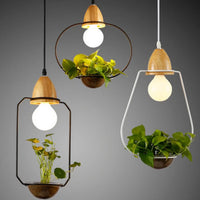 Art Deco LED Plant Pendant Light Wood Base Rustic Hanging Lamp for Dining Cafe Bar