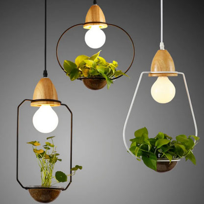 Art Deco LED Plant Pendant Light Wood Base Rustic Hanging Lamp for Dining Cafe Bar