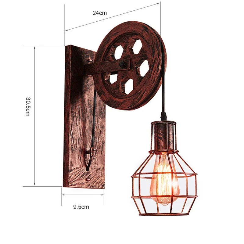 Vintage Industrial Pulley Wall Sconce LED Bedroom Mirror Retro Wall Light