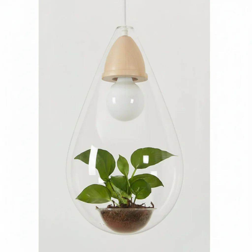 Art Deco LED Plant Pendant Light Wood Base Rustic Hanging Lamp for Dining Cafe Bar