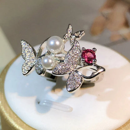 925 Sterling Silver Double Pearl Butterfly Ring | Zircon Cocktail Jewelry for Women