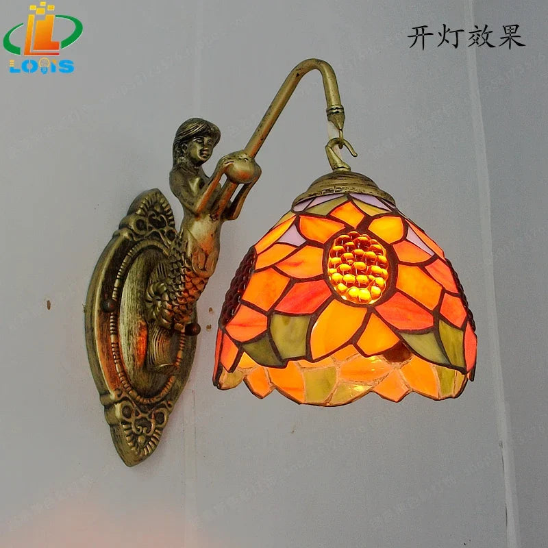 Applique murale LED de 6" de style Tiffany, en verre de sirène, pour chambre à coucher, salon, coiffeuse.