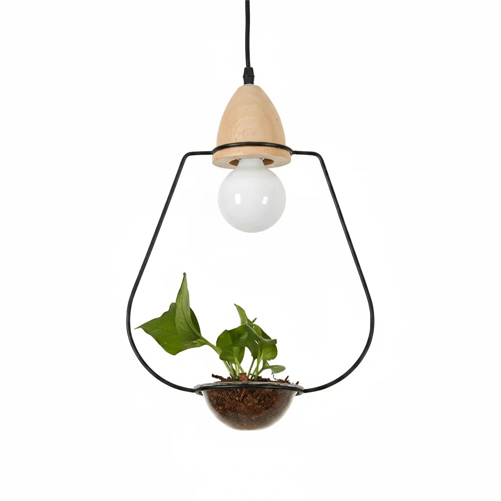 Art Deco LED Plant Pendant Light Wood Base Rustic Hanging Lamp for Dining Cafe Bar