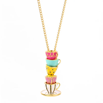Enamel Tea Cup Pendant Necklace | Trendy Long Chain Jewelry