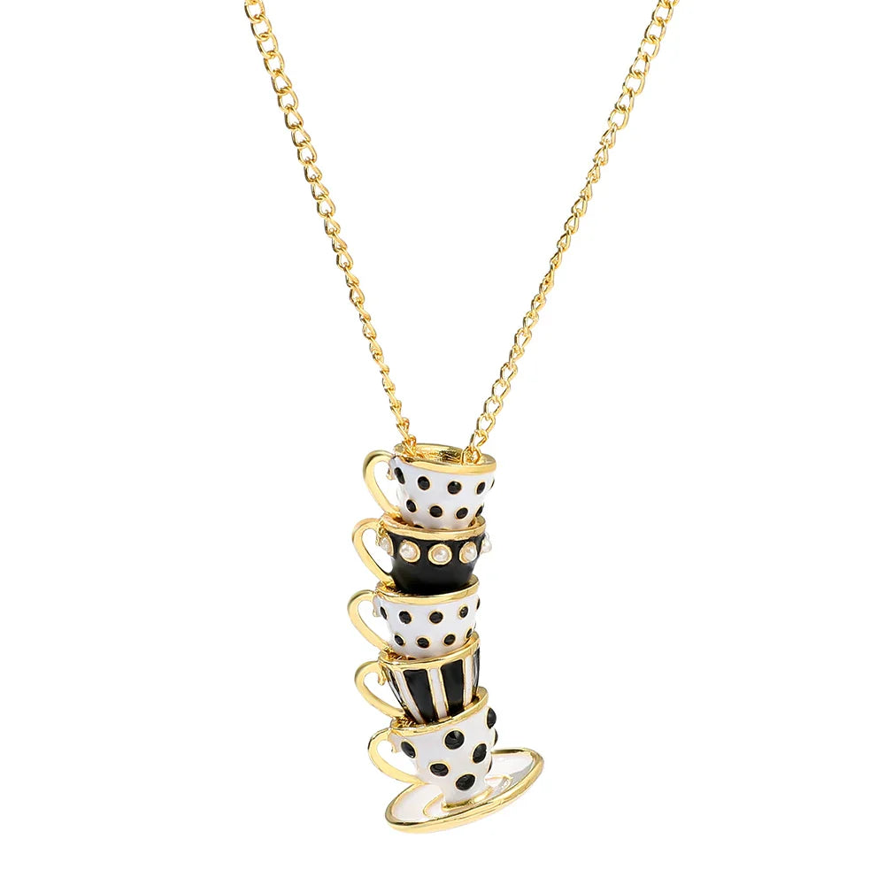 Enamel Tea Cup Pendant Necklace | Trendy Long Chain Jewelry