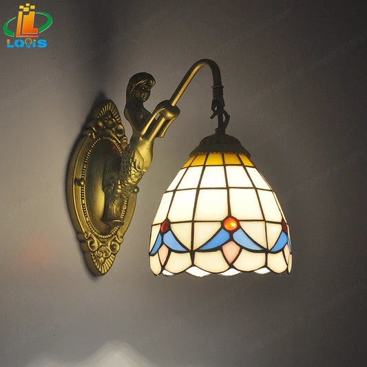 Lámpara de pared LED estilo Tiffany de 6" con cristal de sirena para dormitorio, sala de estar o tocador