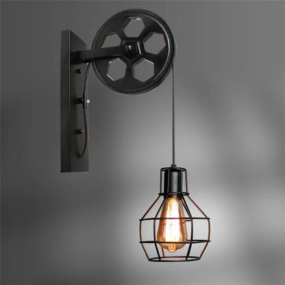 Vintage Industrial Pulley Wall Sconce LED Bedroom Mirror Retro Wall Light
