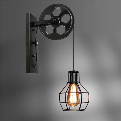 Vintage Industrial Pulley Wall Sconce LED Bedroom Mirror Retro Wall Light