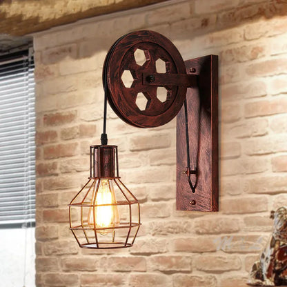 Vintage Industrial Pulley Wall Sconce LED Bedroom Mirror Retro Wall Light