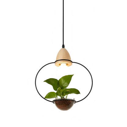 Art Deco LED Plant Pendant Light Wood Base Rustic Hanging Lamp for Dining Cafe Bar