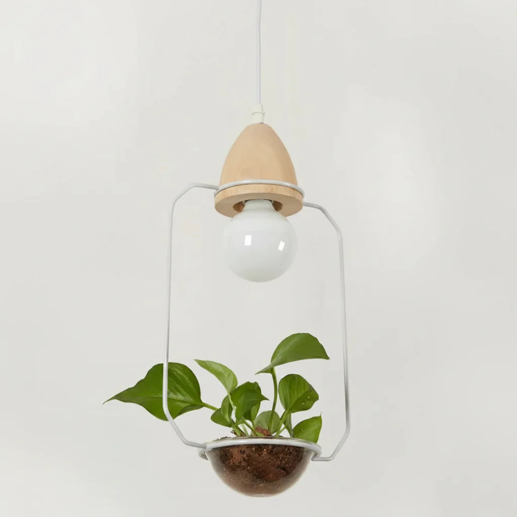 Art Deco LED Plant Pendant Light Wood Base Rustic Hanging Lamp for Dining Cafe Bar