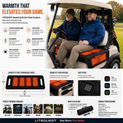 LITEGUEST Heated Golf Cart Seat Cushion | USB Heated Golf Seat Pad